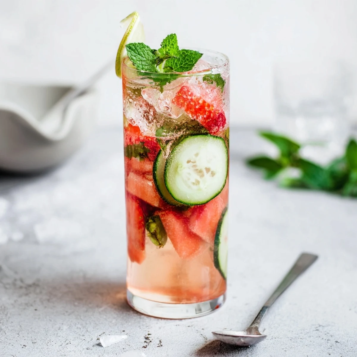 Colorful glass of hydrating mocktails infused with cucumber and herbs for summer refreshment.