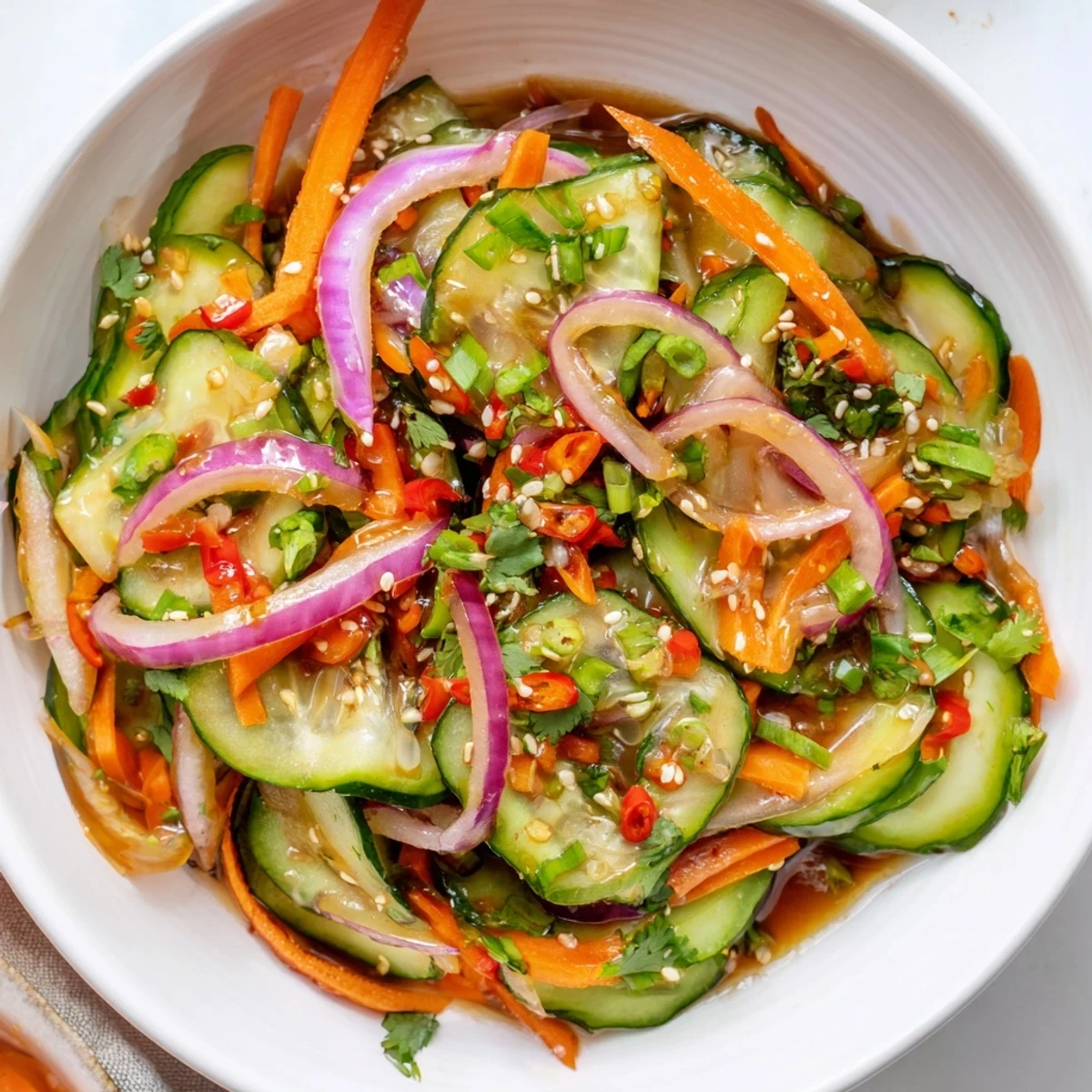 Refreshing cucumber salad remix drizzled with tangy sesame dressing and sesame seeds.  