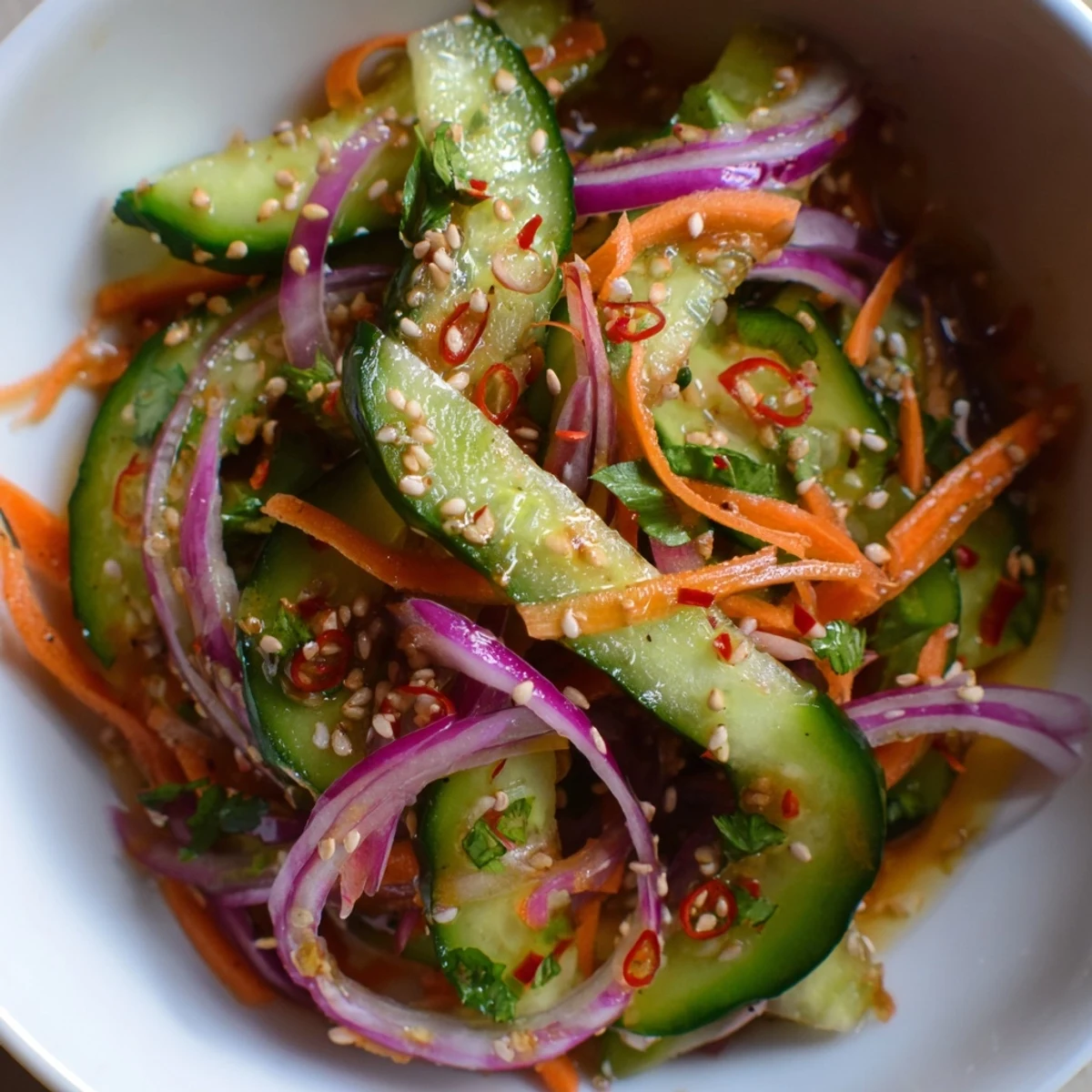 Crisp cucumber salad remix featuring vibrant colors and zesty Asian-inspired flavors.  