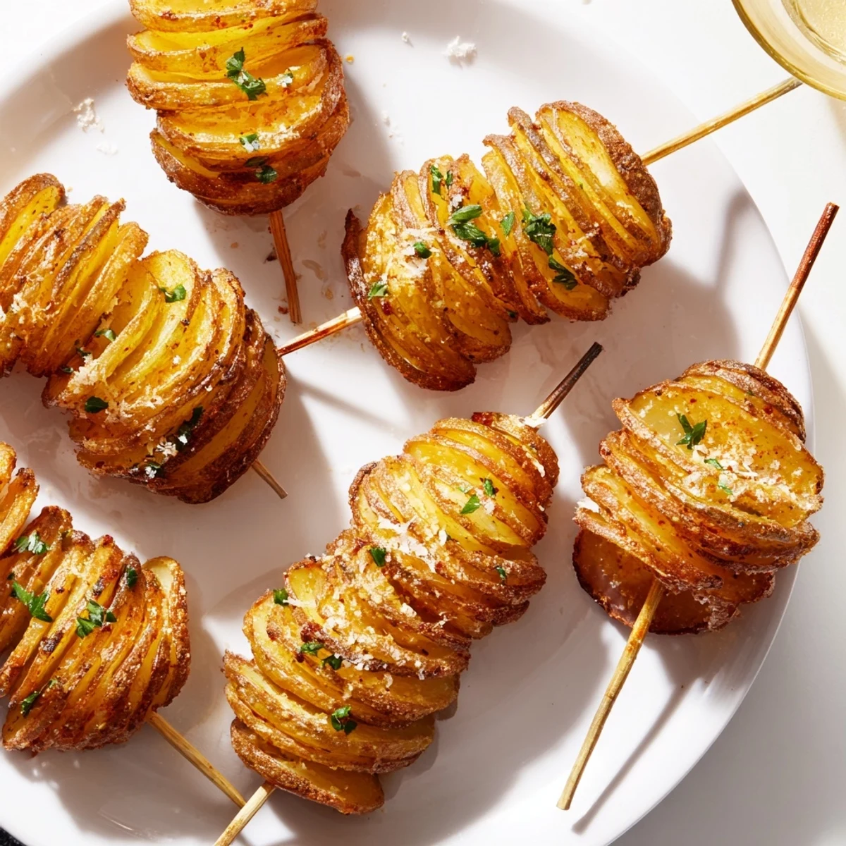 Crispy air-fryer tornado potatoes skewered and seasoned, perfect for game day snacks.  