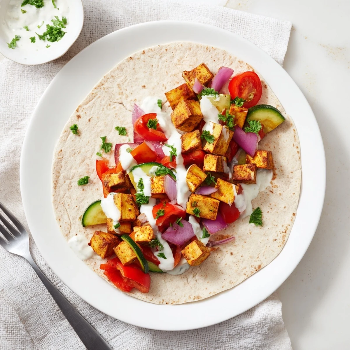 Plant-based viral recipe remake served in warm pita, drizzled with creamy tahini sauce.  