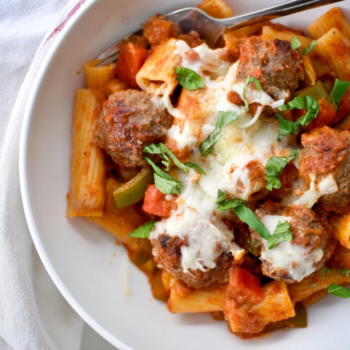 Golden meatballs and pasta enveloped in savory sauce, creating an Italian Meatball Pasta Skillet.