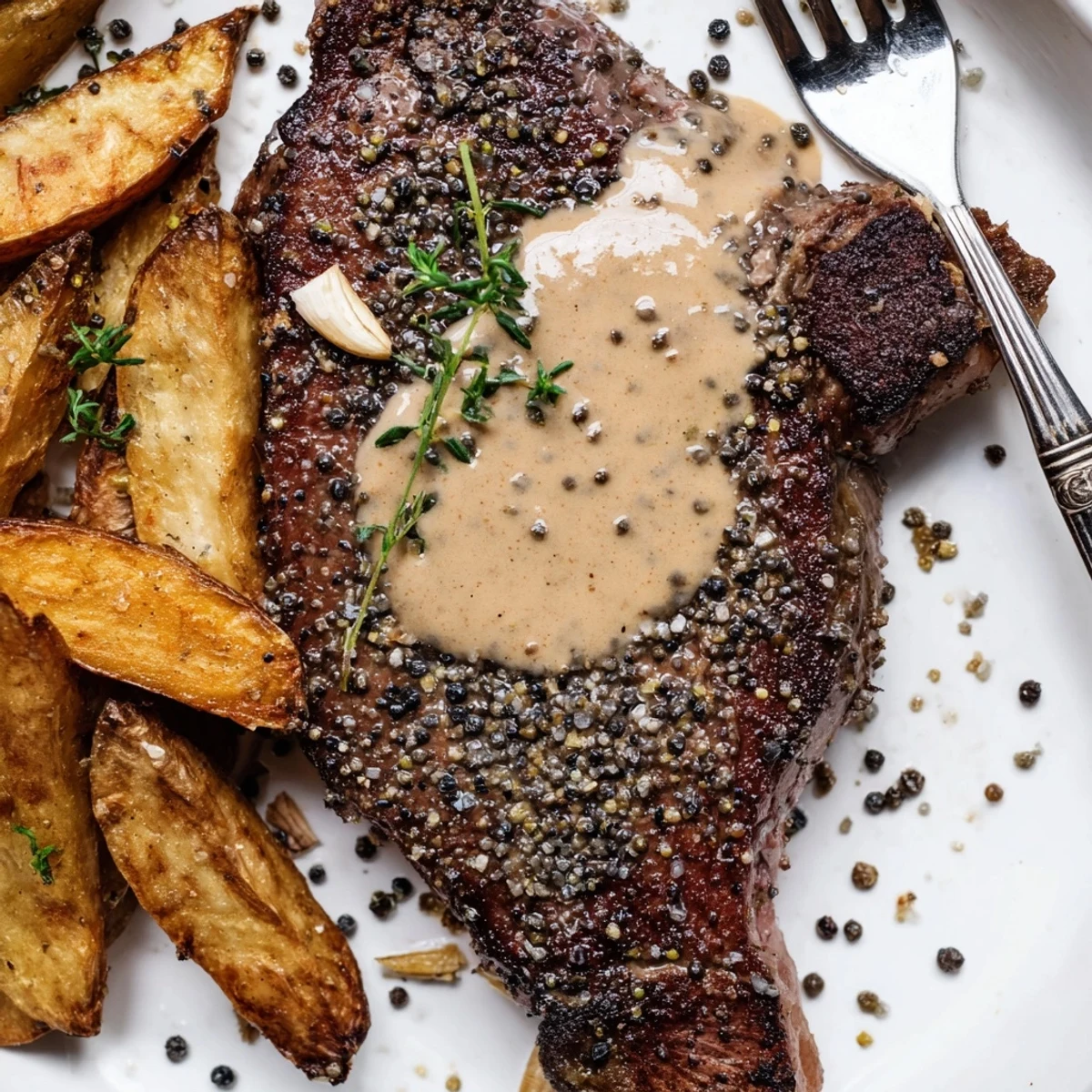 Indulgent Classic Peppercorn Ribeye with a rich sauce and irresistible crispy fries.