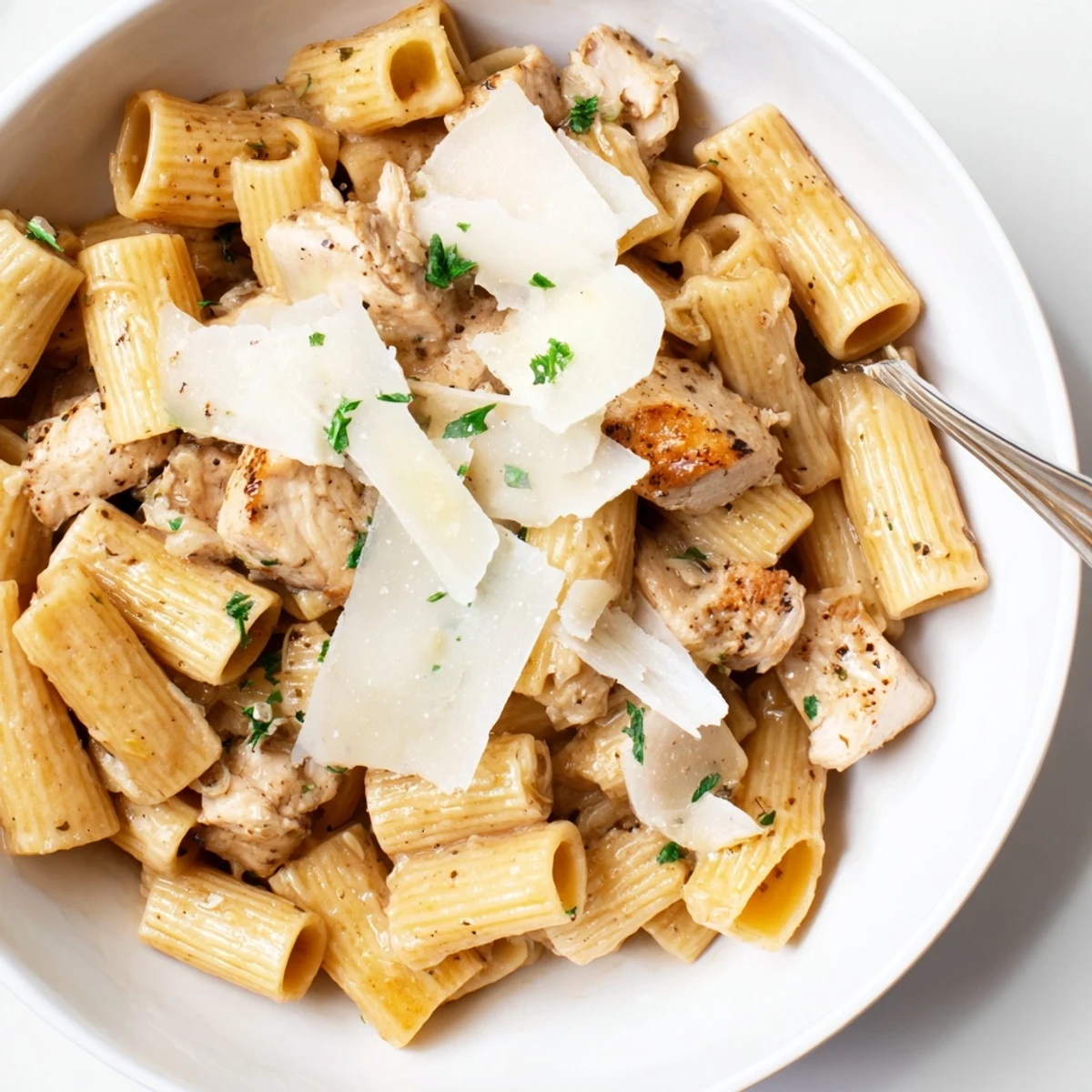 Creamy Garlic Parmesan Chicken Rigatoni topped with parsley and extra cheese for flavor.  