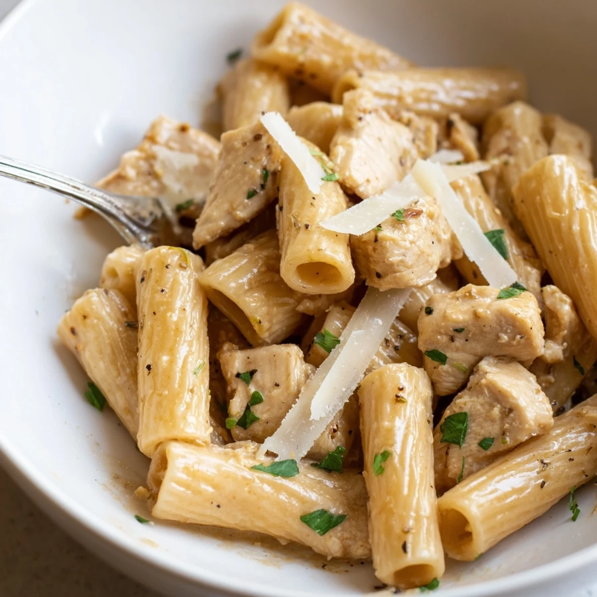 Rich Creamy Garlic Parmesan Chicken Rigatoni served warm, perfect for cozy weeknight meals.