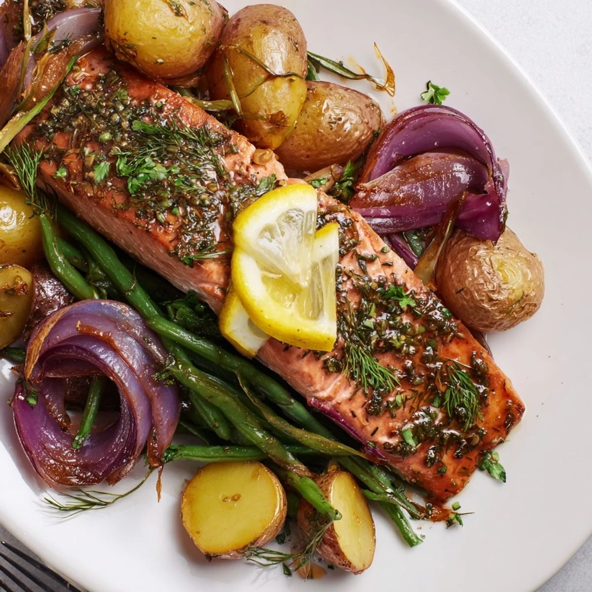 Tender Lemon Herb Salmon & Potato Sheet Pan served with zesty vegetables.  