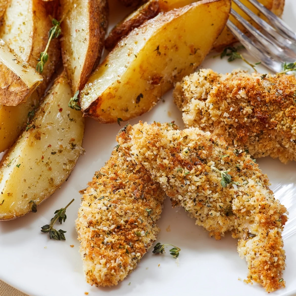 Crispy potato wedges alongside flavorful herbed chicken tenders, perfect for any meal.  