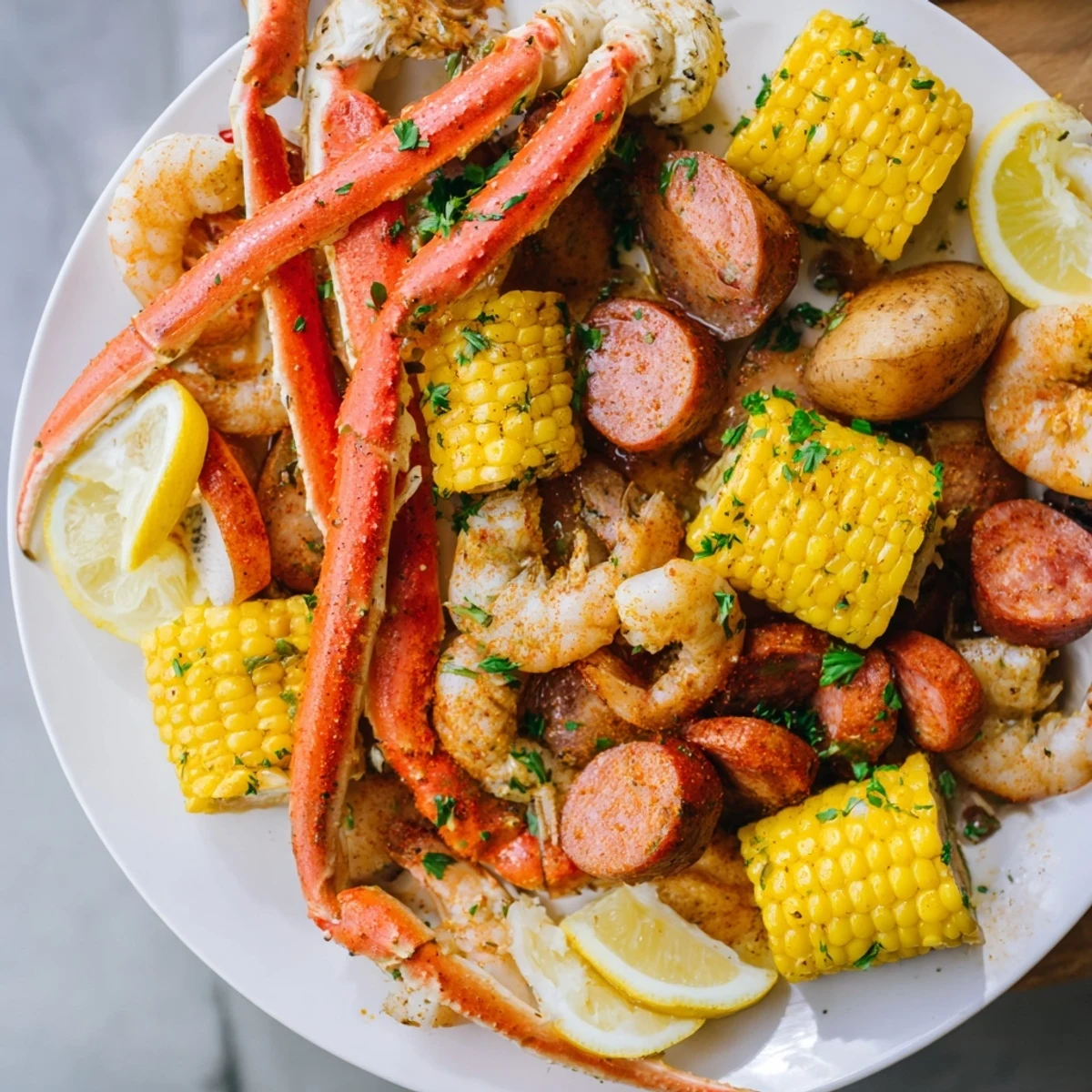A vibrant seafood boil filled with crab, shrimp, and spicy sausage on a platter.  