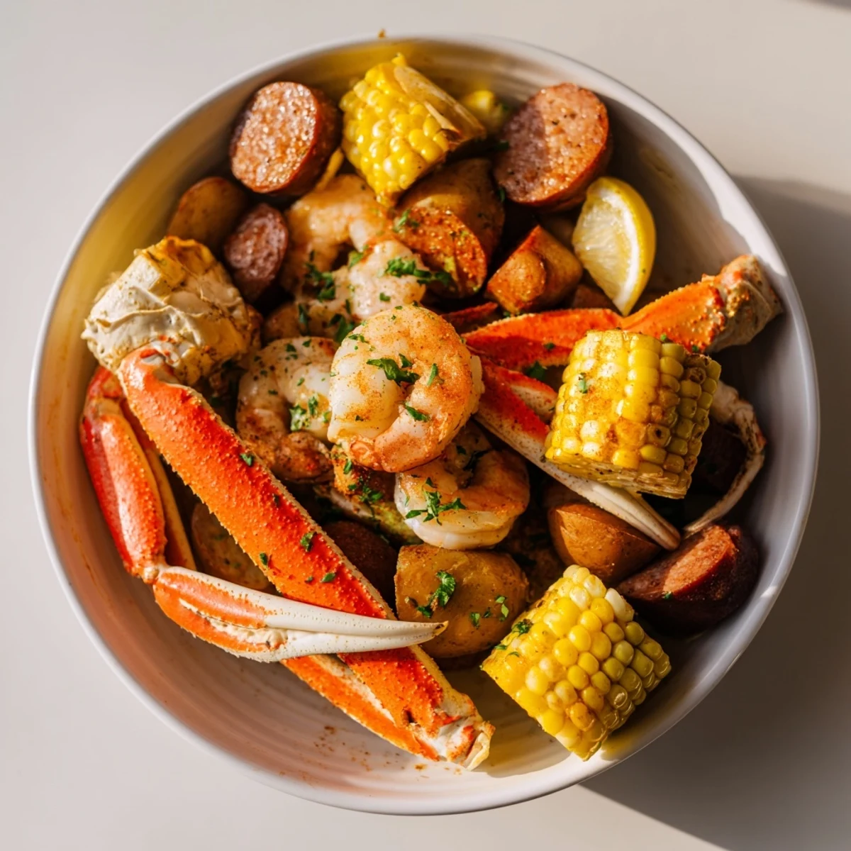 Festive seafood boil with crab legs and colorful corn, perfect for sharing with friends.