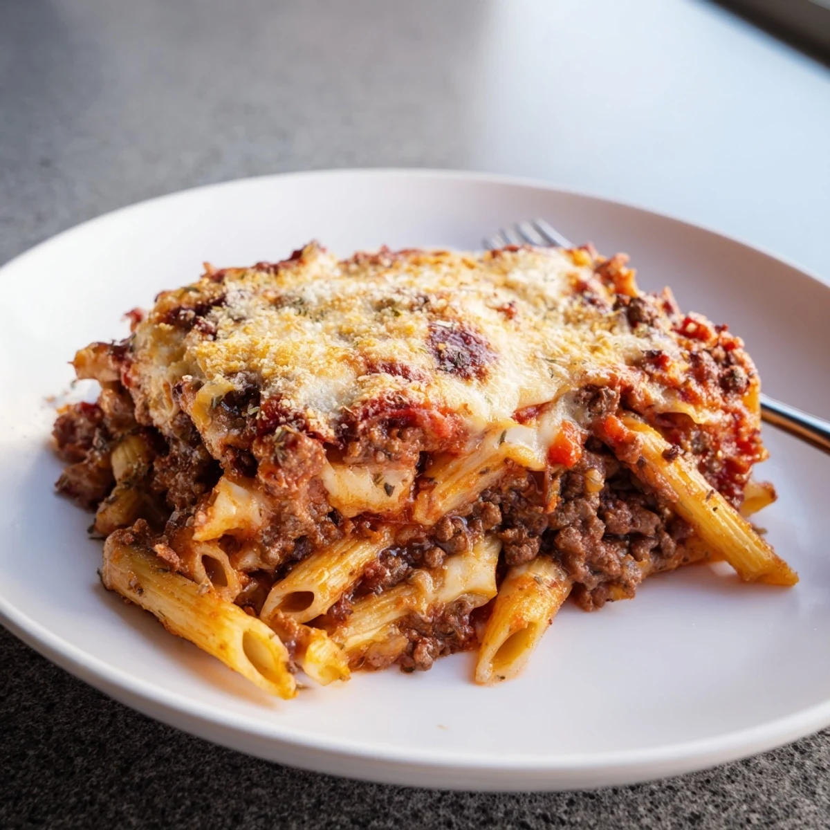 Hearty Cheesy Beef & Penne Bake topped with melted cheese, perfect for family gatherings.  