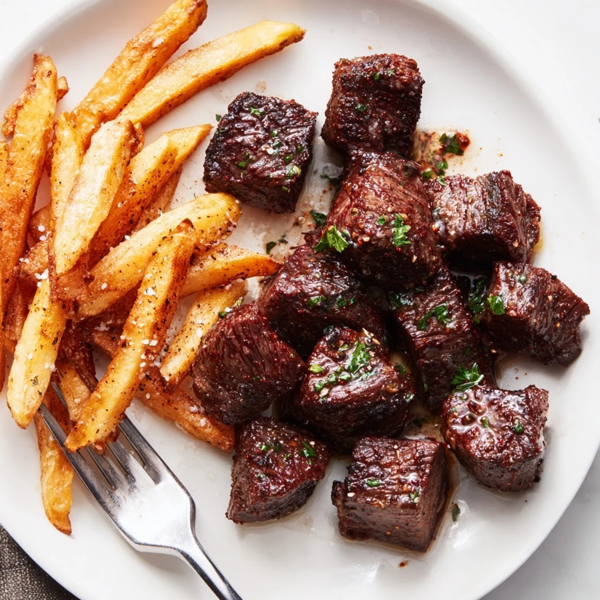 Savory Blackened Cajun Steak Bites served with golden, crispy fries for a delicious meal.  