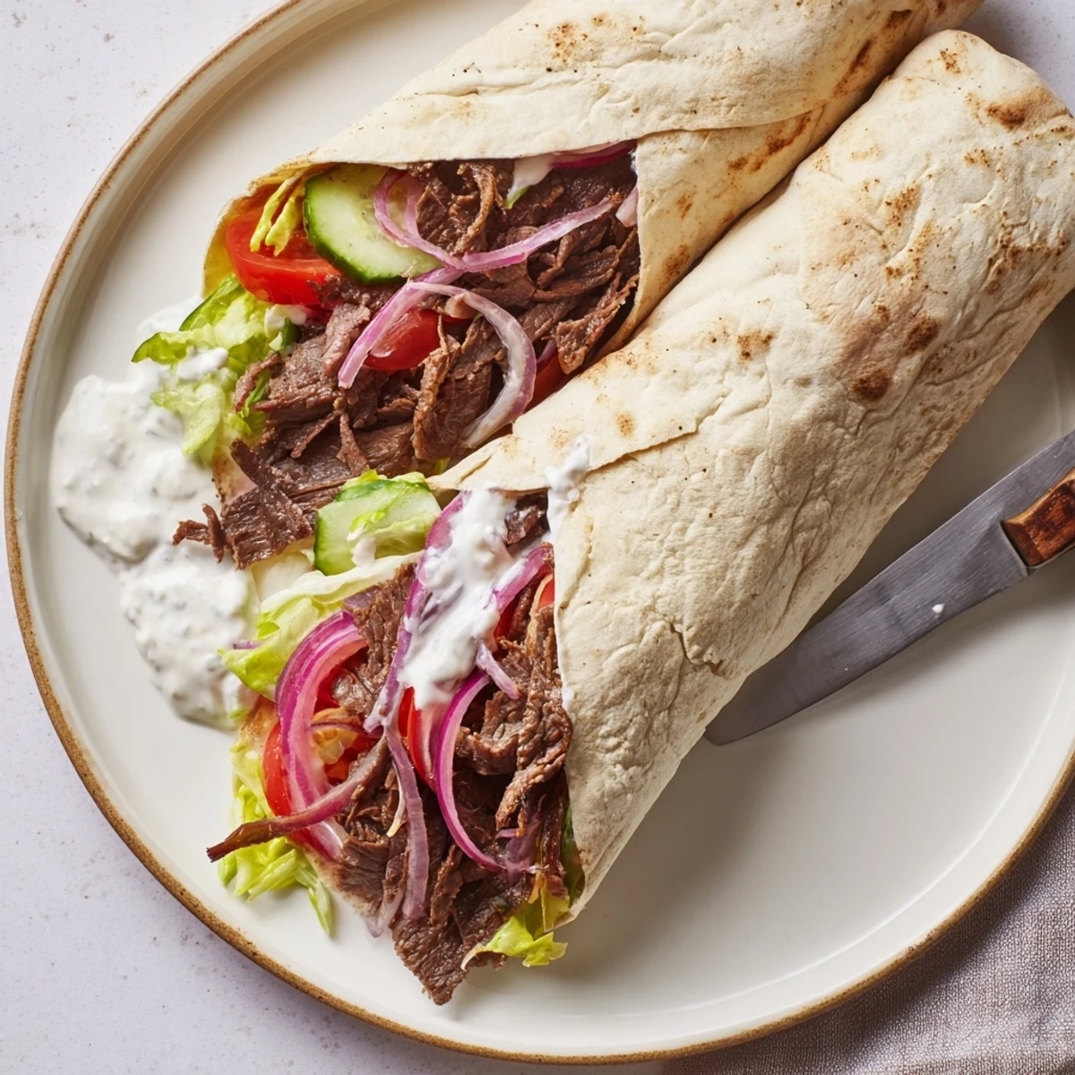 Tender beef shawarma wraps drizzled with creamy yogurt sauce and fresh veggies.