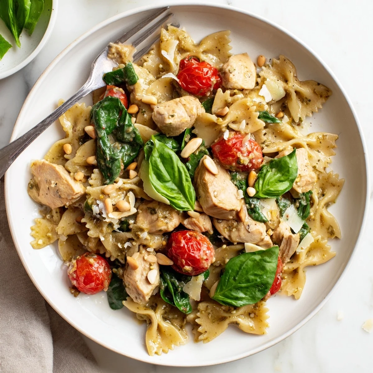 Flavorful Pesto Chicken Bowtie Pasta on a plate, ready for a cozy weeknight dinner.