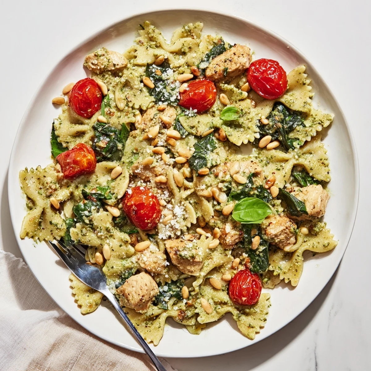 Creamy Pesto Chicken Bowtie Pasta garnished with cherry tomatoes and spinach for color.  