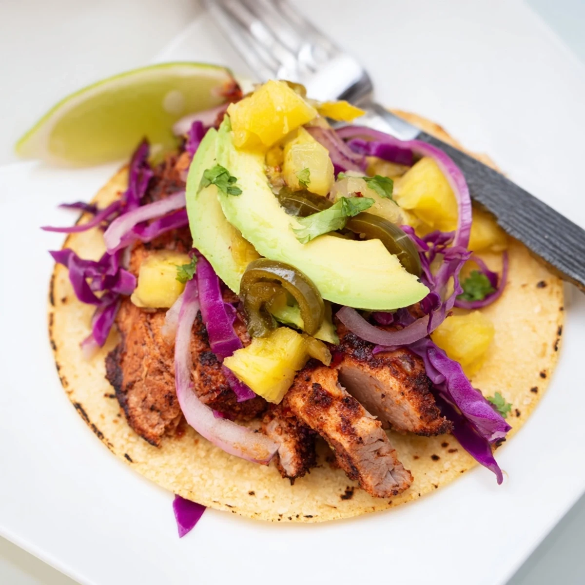 Savory Sweet & Spicy Pineapple Pork Tacos garnished with zesty cilantro and lime wedges.  