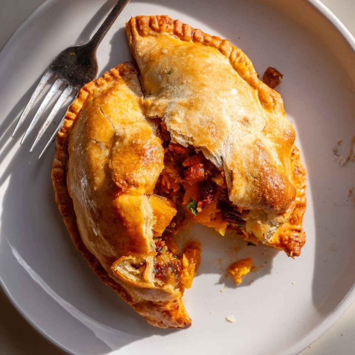 Golden Spiced Pumpkin & Chorizo Empanadas with flaky crust and savory filling.  