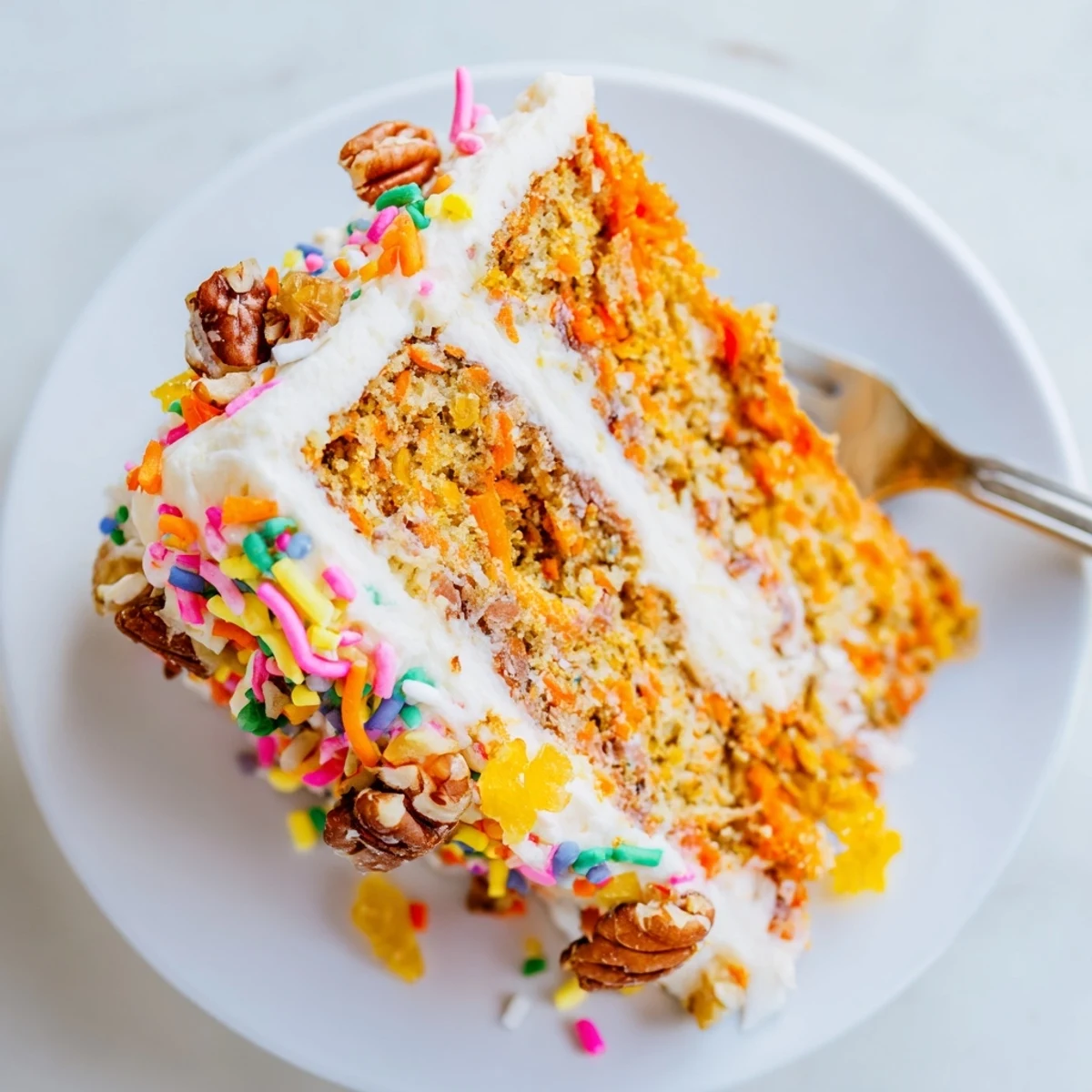 Moist Silly Carrot Cake, piled high with chaotic frosting and festive rainbow sprinkles, looks tempting.