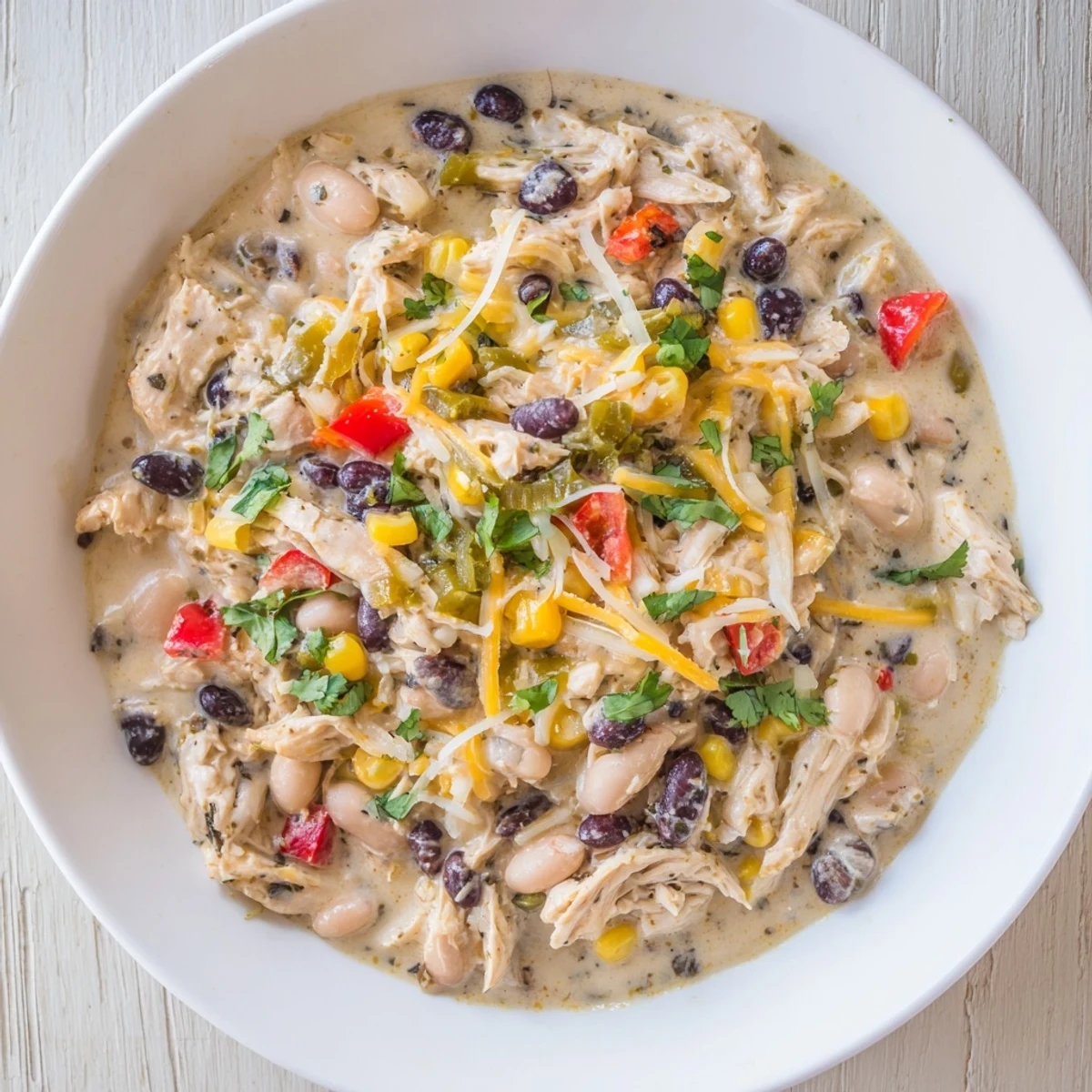 Tender chicken, black beans, and spices simmer in this creamy slow cooker white chicken chili.