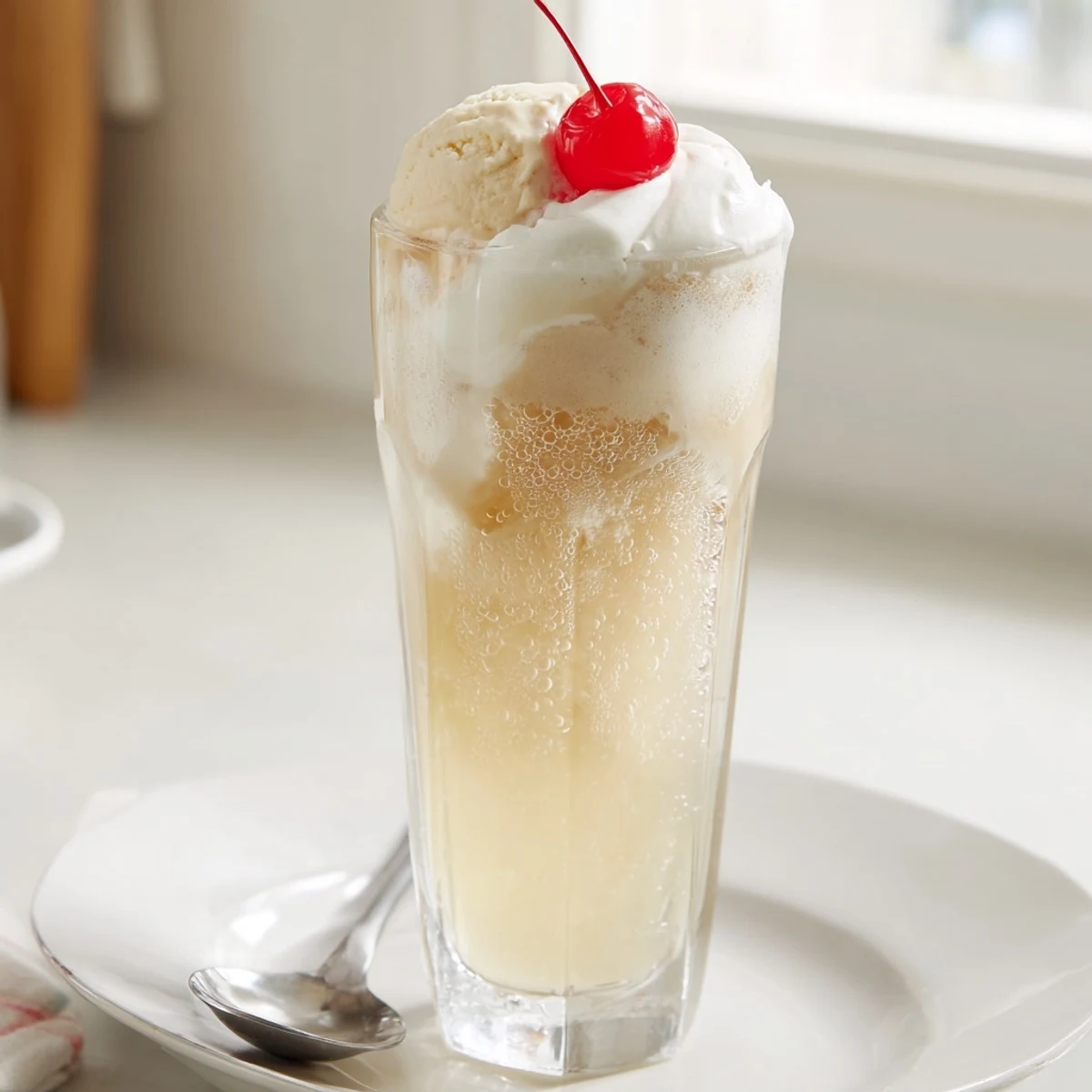 Enjoy a decadent Homemade Cream Soda Float! Vanilla ice cream floats in fizzy, rosy-hued soda.