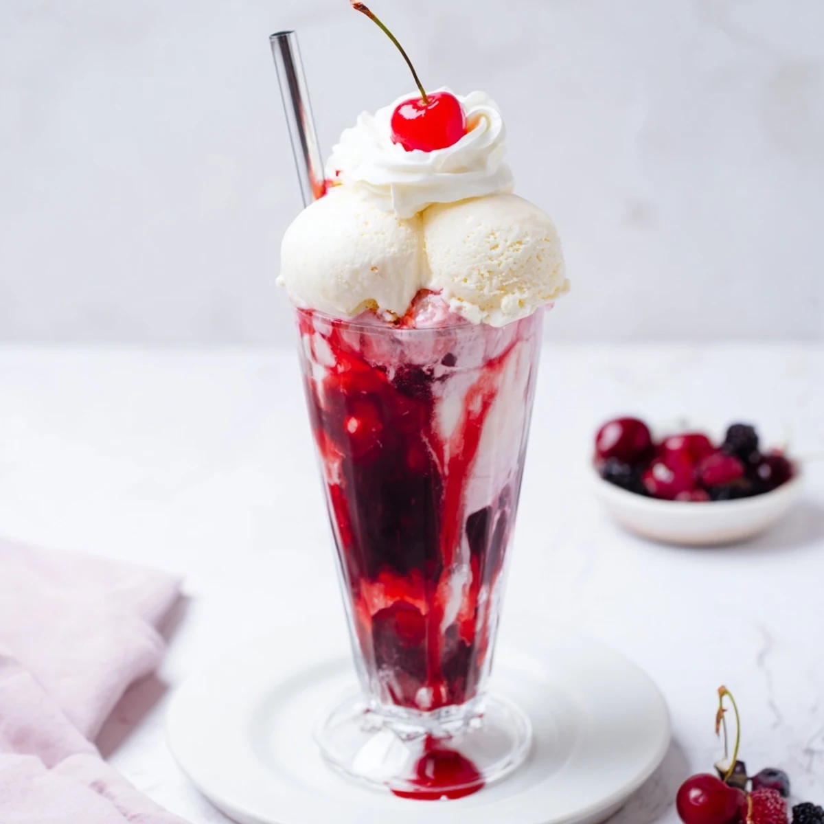 Homemade Fruit Soda Floats bursting with cherry goodness and topped with whipped cream, ready to enjoy.