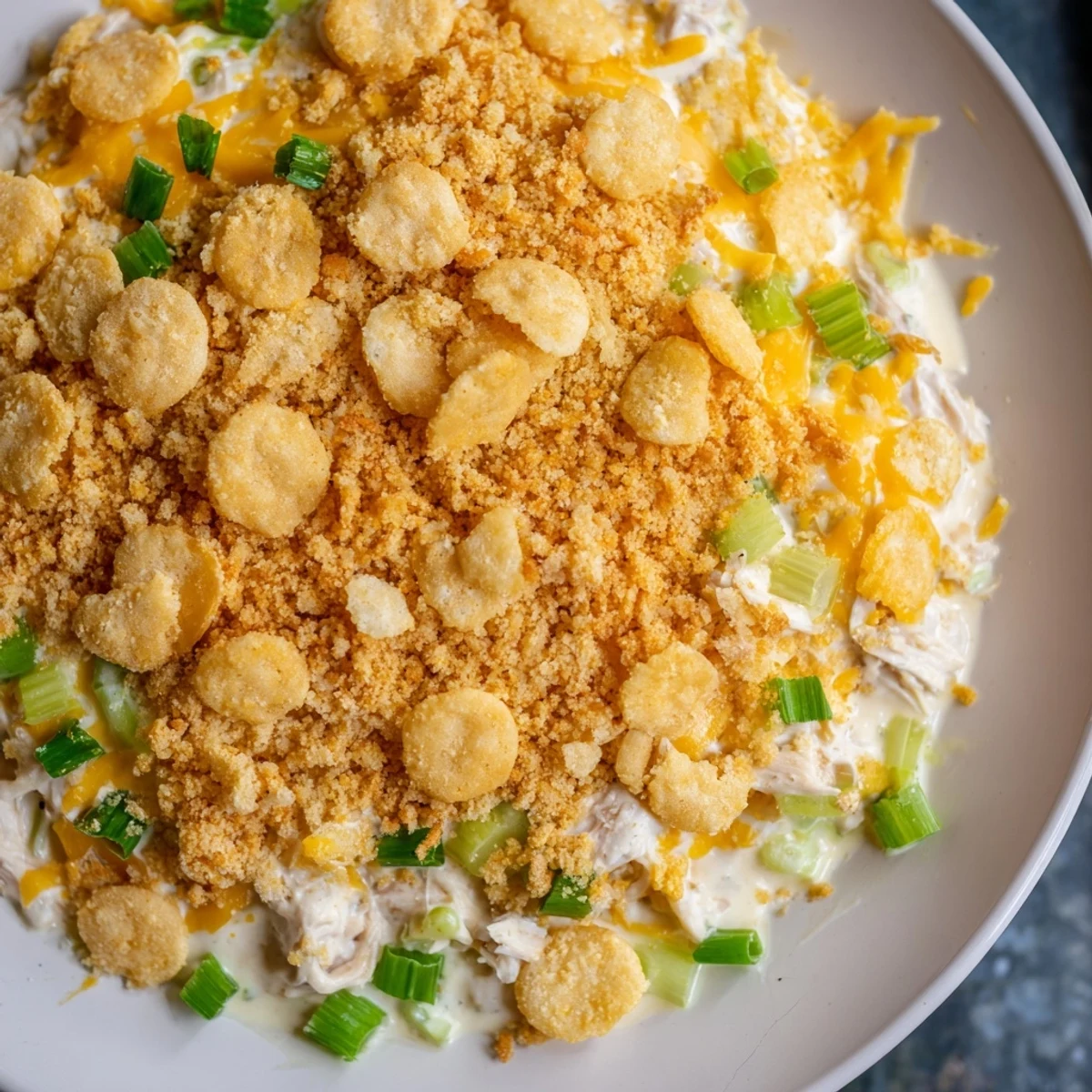 A comforting baked Neiman Marcus Chicken Casserole, bubbly with cheese and a crispy, golden breadcrumb crust.