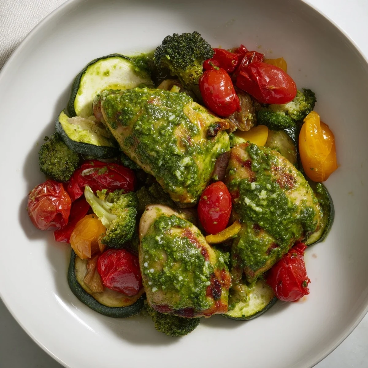 Vibrant image of easy lemon pesto chicken sheet pan, showcasing flavorful, perfectly cooked chicken and vegetables.
