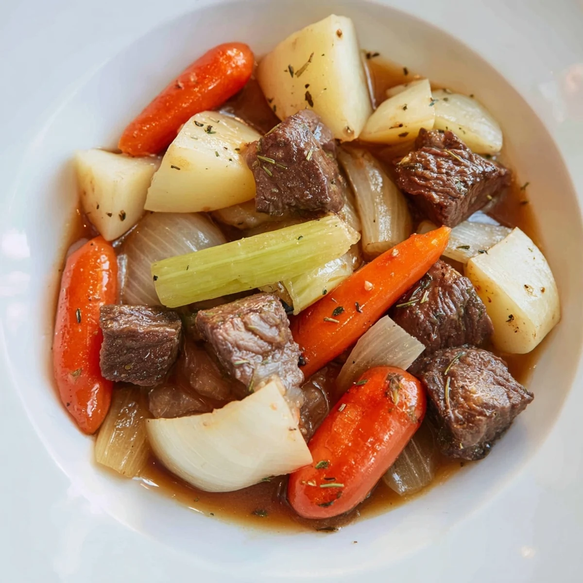 The rich aroma of slow-cooked Comfort Crockpot Beef Stew, featuring juicy beef and hearty root vegetables.