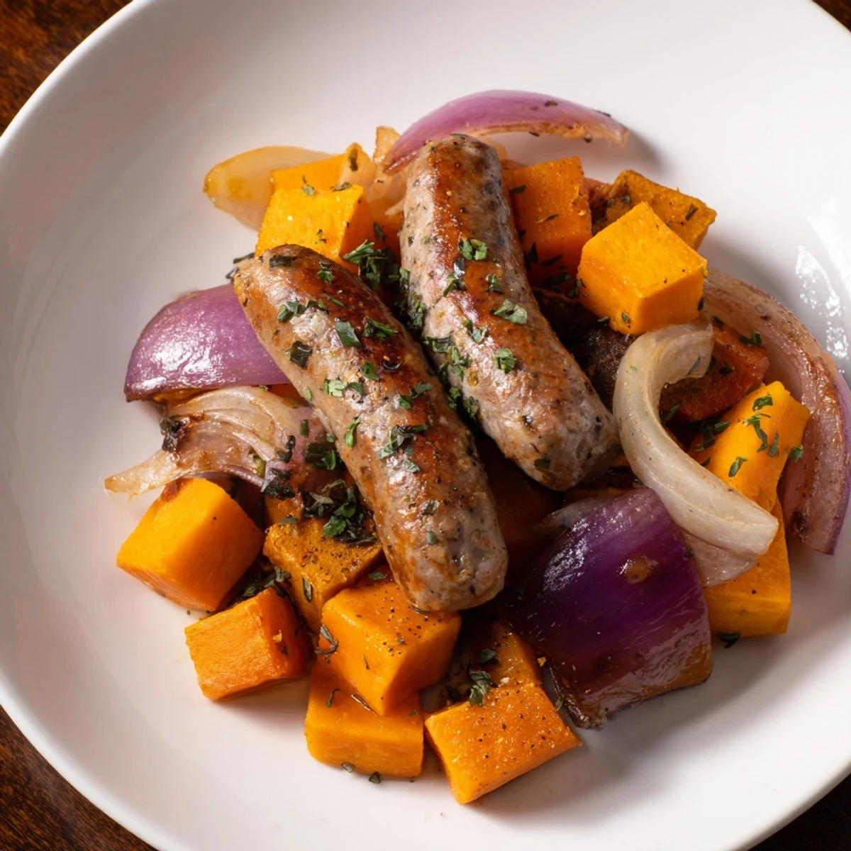 Sheet Pan Roasted Sausage, Squash & Root Vegetables, a colorful array ready to be served, glistening with roasted goodness.