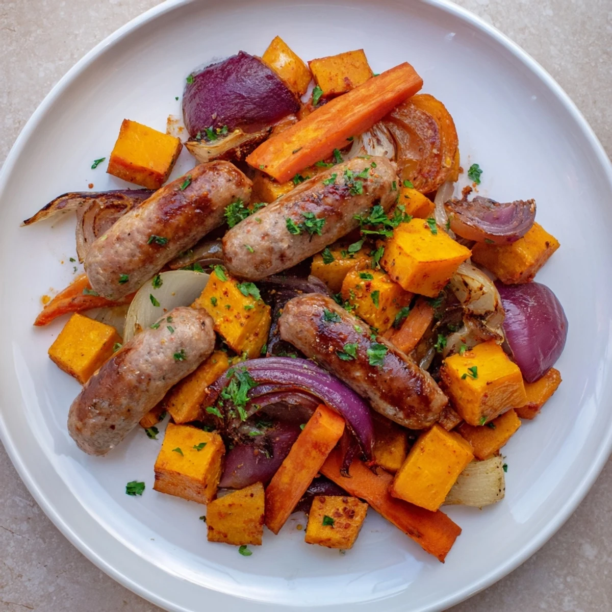Vibrant image: Sheet Pan Roasted Sausage, Squash & Root Vegetables presenting a one-pan American dinner with rich aromas.
