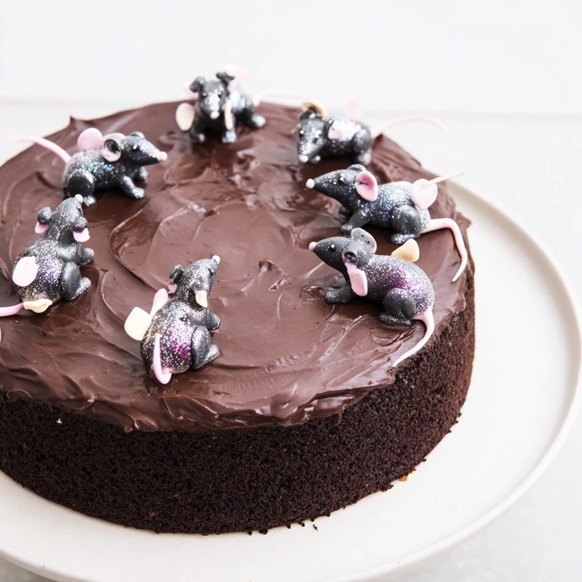 Moist, dark Rat Cake, a decadent layered dessert topped with fluffy whipped chocolate ganache and charming rat figures.