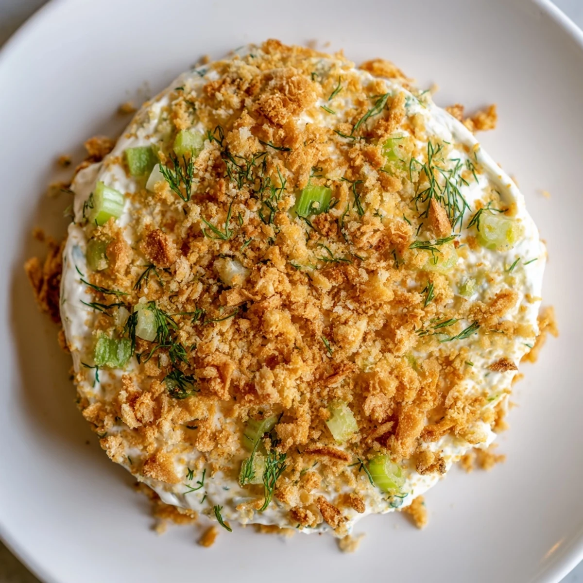 A bowl of creamy Fried Pickle Dip sprinkled with golden, crispy panko topping.