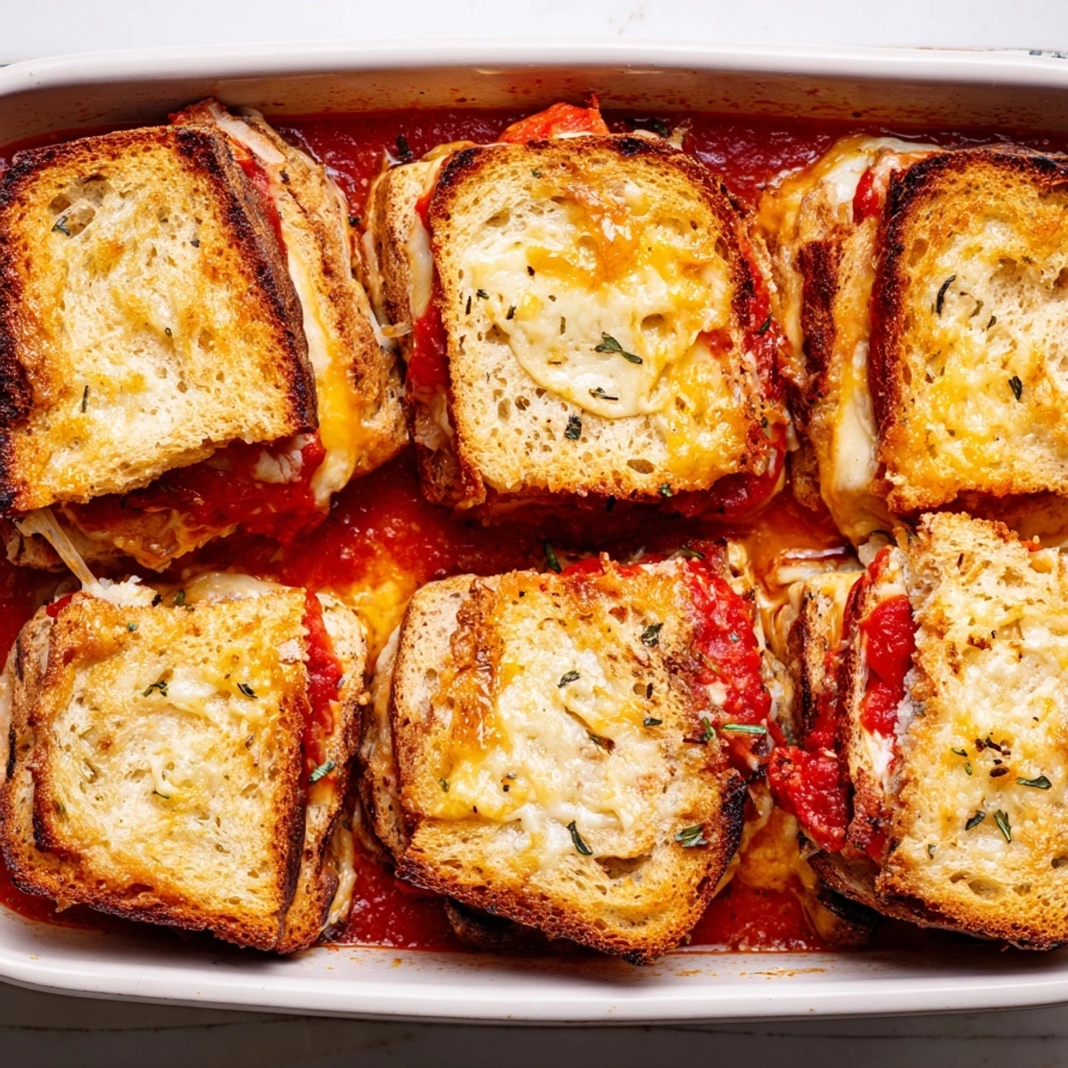 A close-up view of the delicious layers of Easy Tomato Soup & Grilled Cheese Casserole Bake, ready to serve.