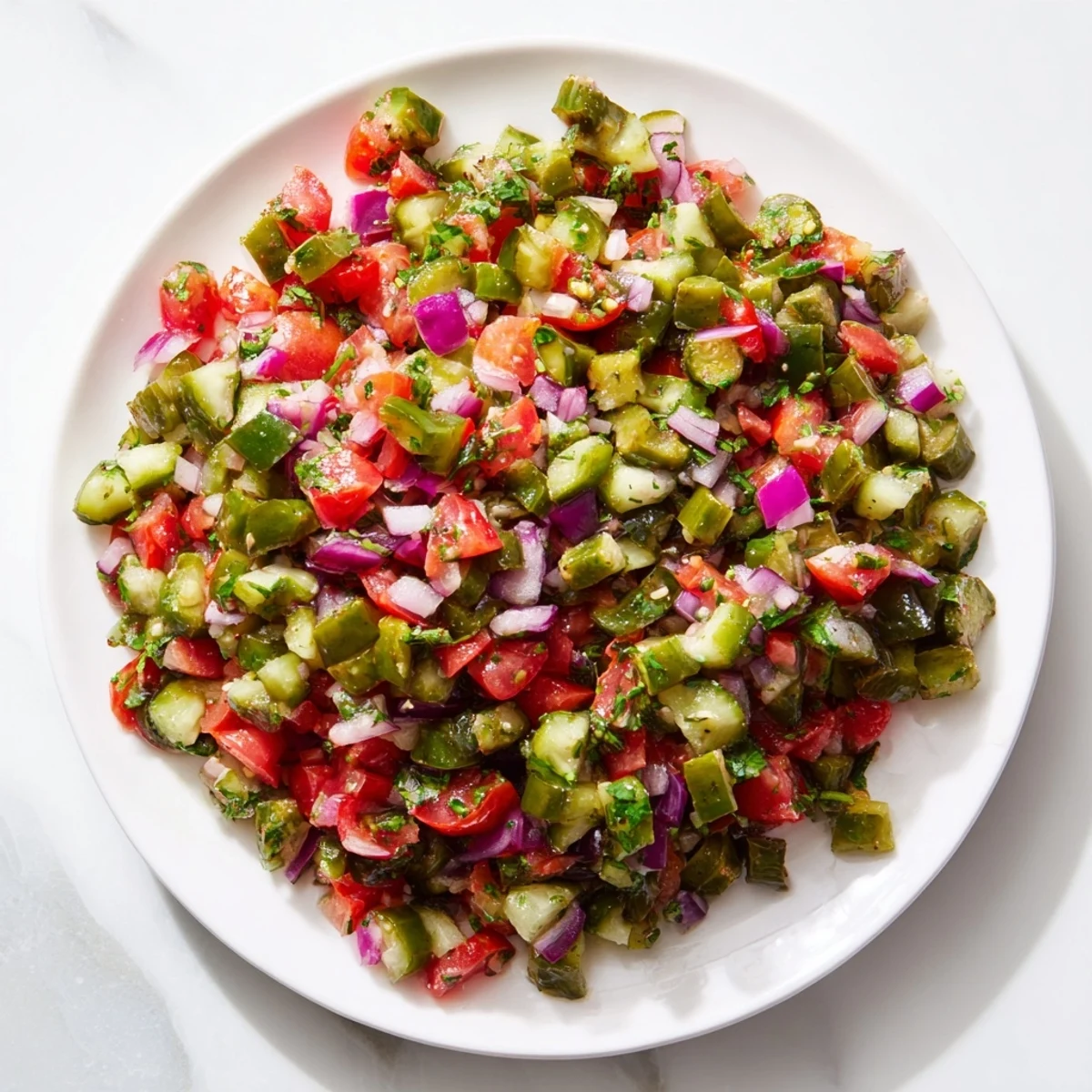 Fresh, colorful Pickle De Gallo Salsa with bright cilantro, ready to be scooped up!
