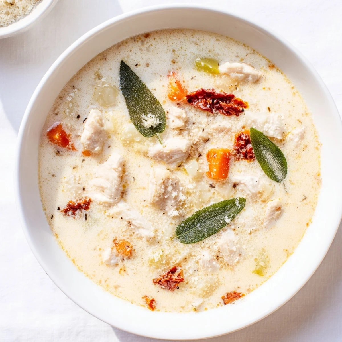 Imagine a warm bowl of Marry Me Chicken Soup, garnished with golden fried sage and extra parmesan cheese.