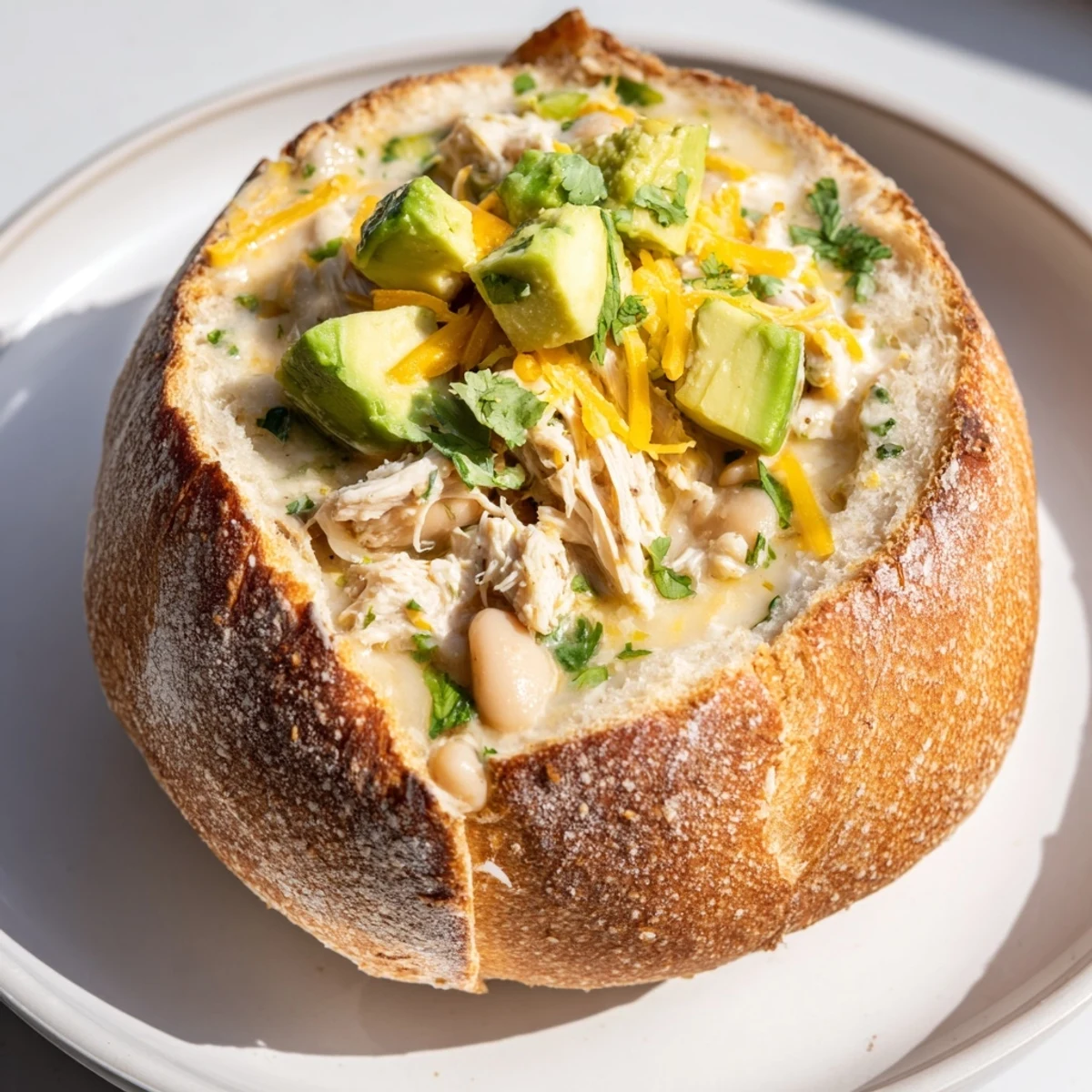A comforting photo of a creamy white chicken chili served in a crispy sourdough bowl.