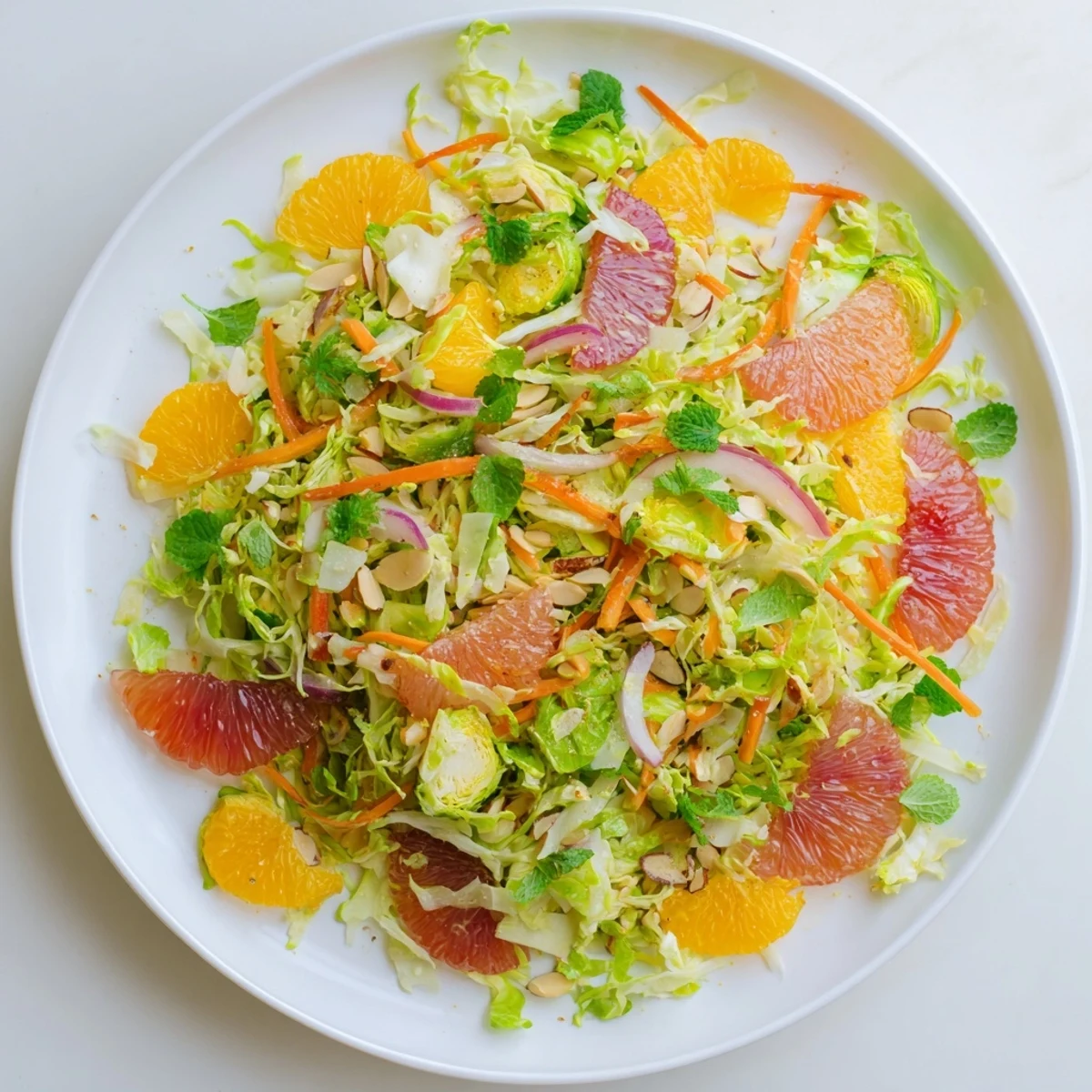 A refreshing bowl of Sparkling Citrus Brussels Sprouts Slaw, tossed with herbs and crunchy toasted almonds.