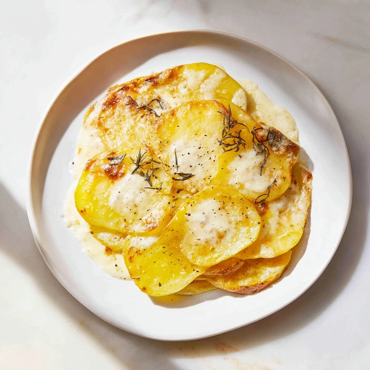 Golden, bubbly kombu-infused creamy potato gratin, ready to serve with a sprinkle of cheese.