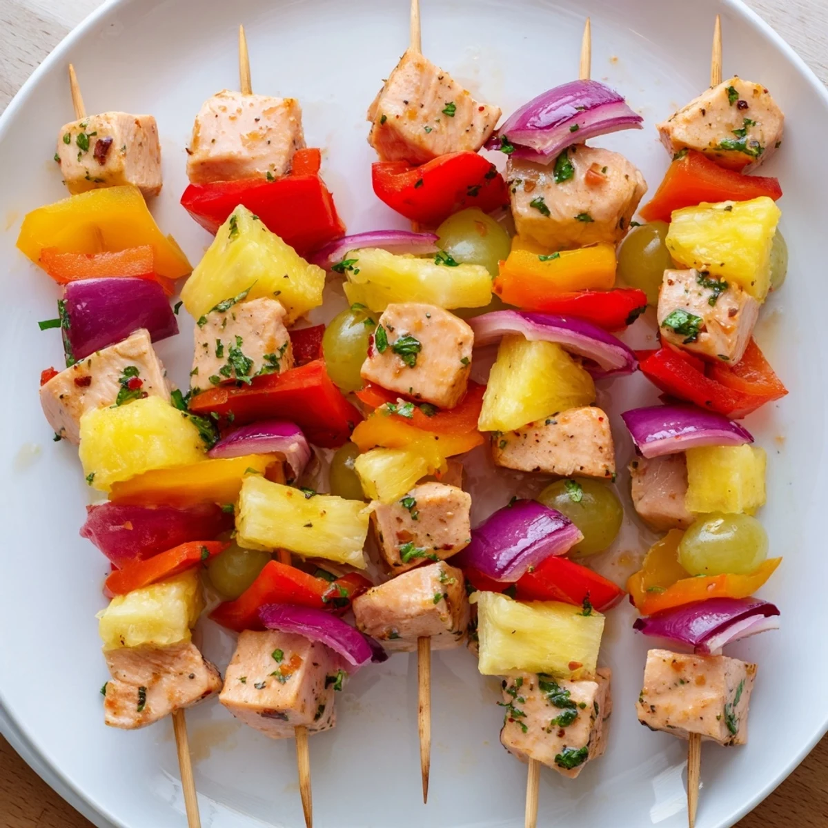 Savory Fruit Turkey Skewers shimmer with a glazed surface, showing juicy turkey and colorful fruit.