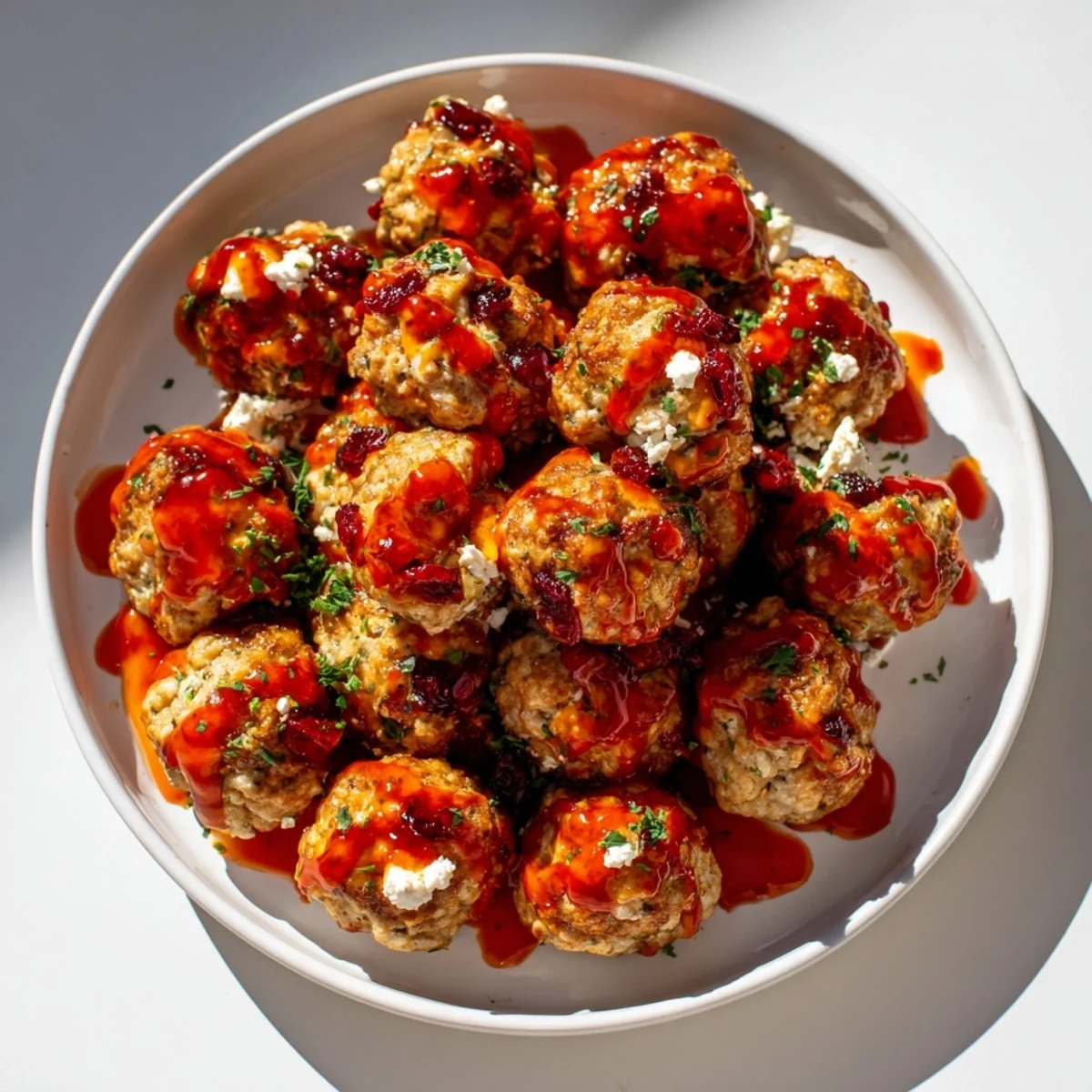 Golden-brown cranberry feta meatballs, drizzled with sweet chili sauce, perfect for a party appetizer.