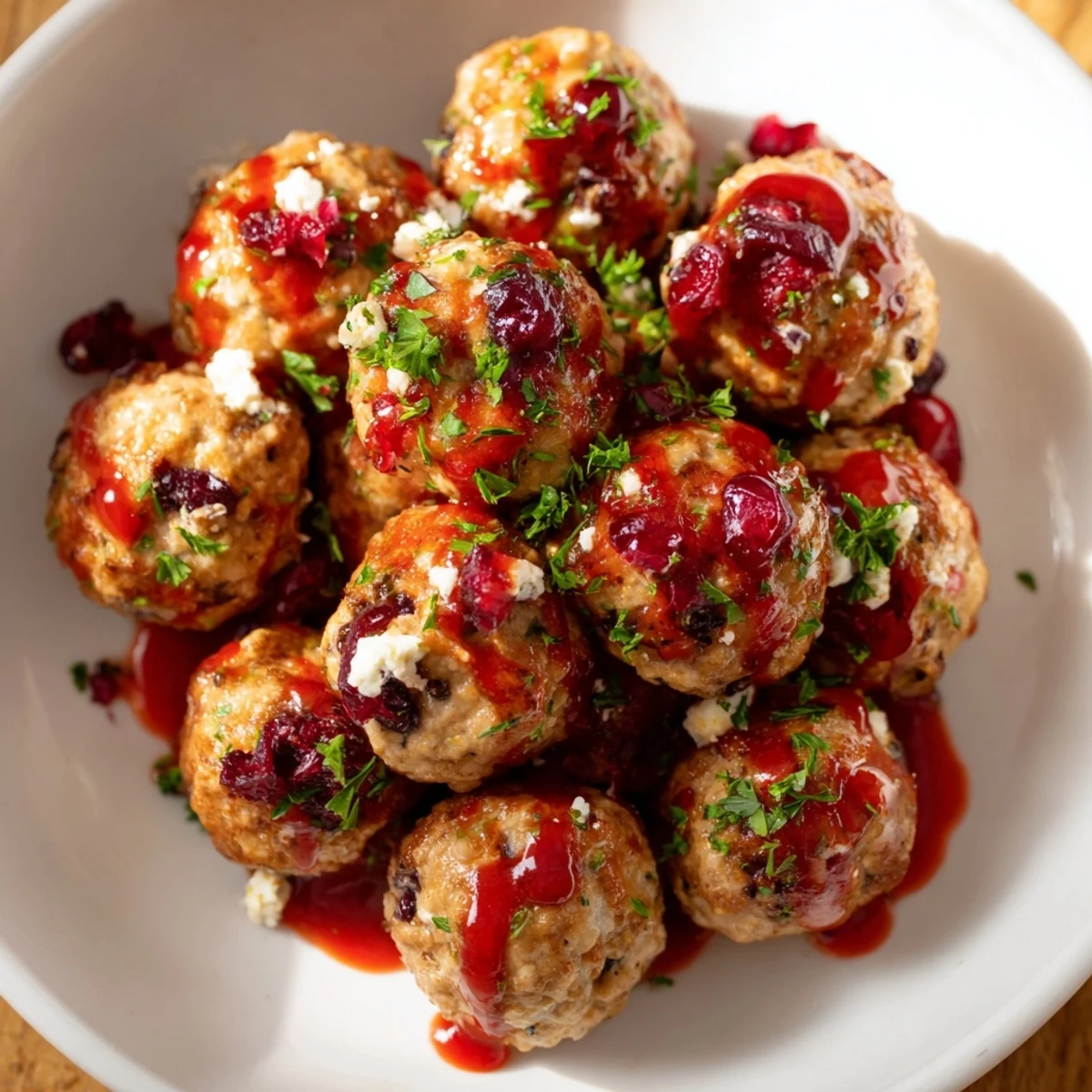 Savory cranberry feta meatballs with a glistening sweet chili glaze, ready to serve as a delicious meal.