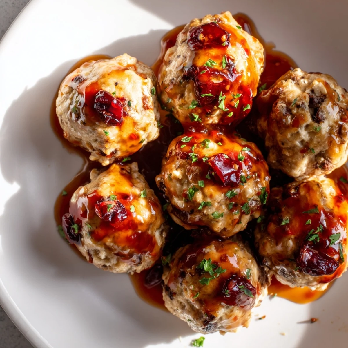 Close-up of baked cranberry feta meatballs showcased with a vibrant sweet chili sauce, ready to eat.