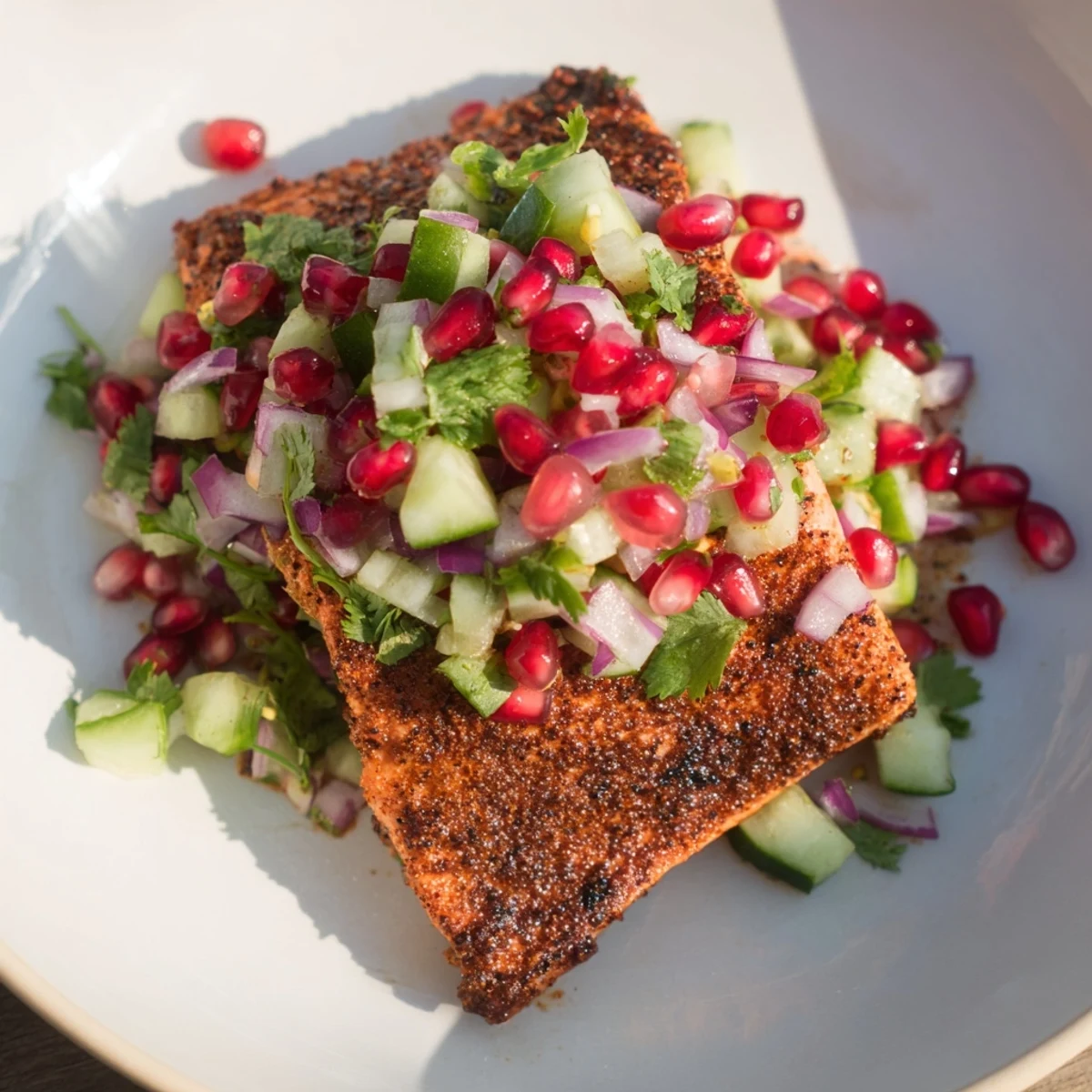 Cajun spiced salmon topped with vibrant red pomegranate salsa, perfect and ready to eat.