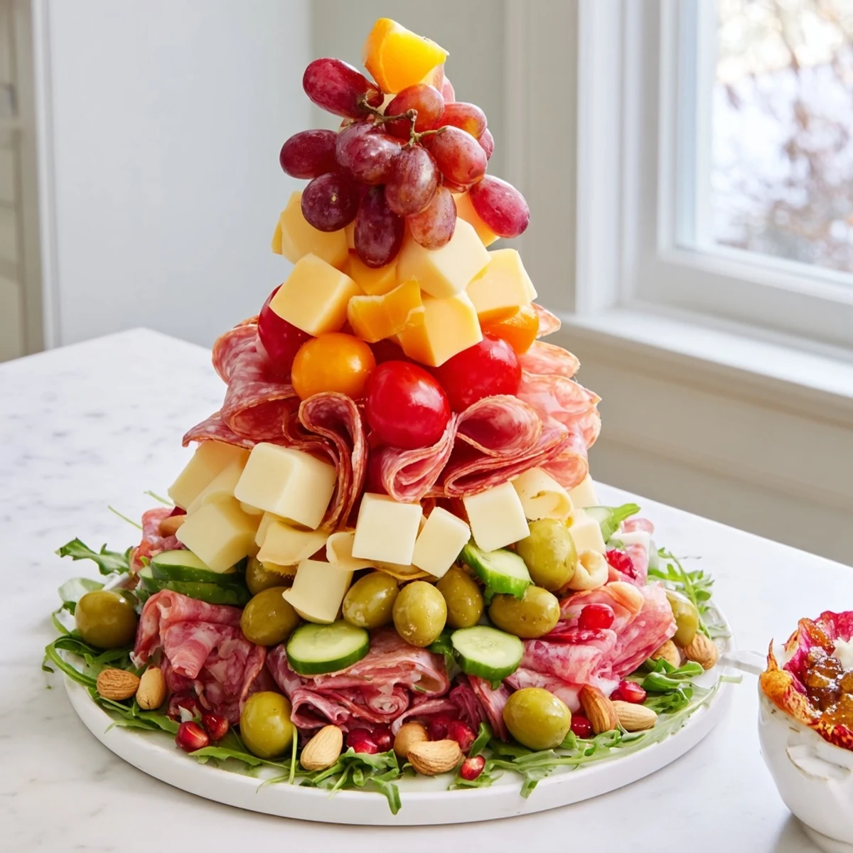 A festive charcuterie tree piled high with international cheeses, meats, and colorful fruits.