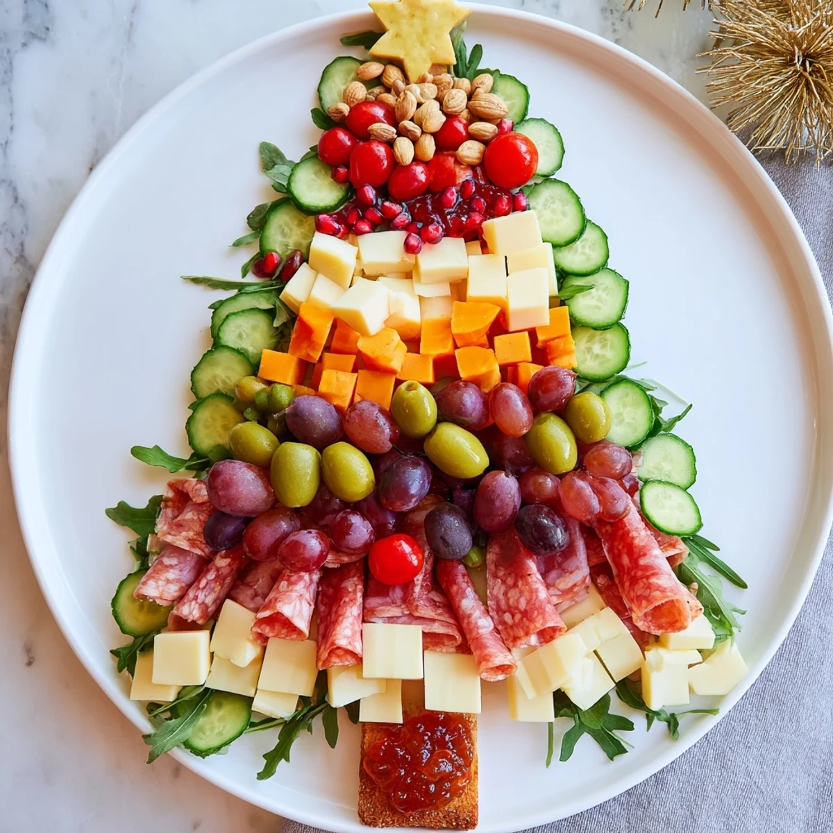 This charcuterie tree offers a delightful assortment of cured meats, cheeses, and fresh vibrant grapes.