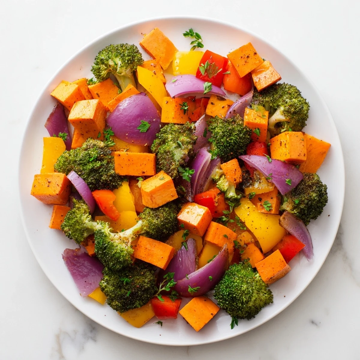 Vibrant Friendsgiving Rainbow Roasted Vegetable Medley, tender and slightly caramelized with fresh herbs, ready to serve.