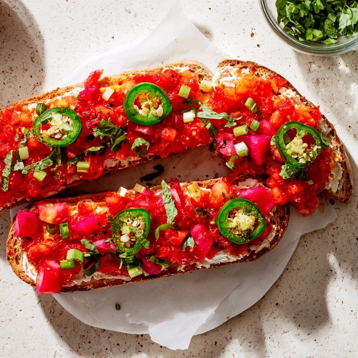 Close-up of a festive Spiced Cranberry Jalapeño Cream Cheese Dip, ready to be scooped up.