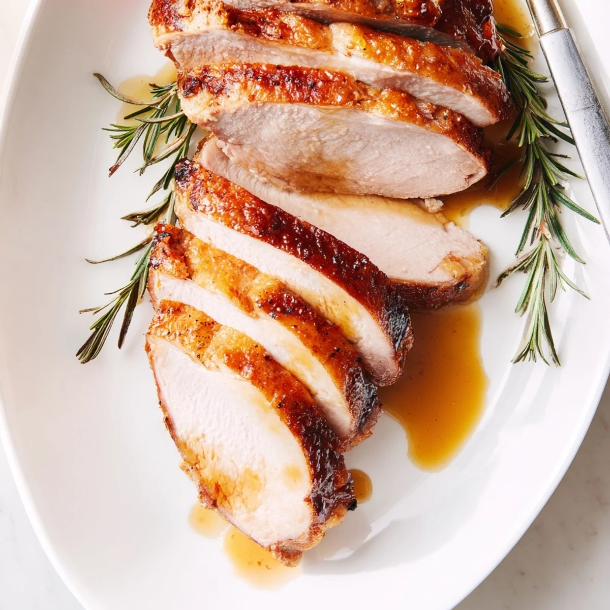 Juicy slices of Limoncello-Glazed Roast Turkey Breast, perfectly roasted, offering a delightful blend of flavors for dinner.