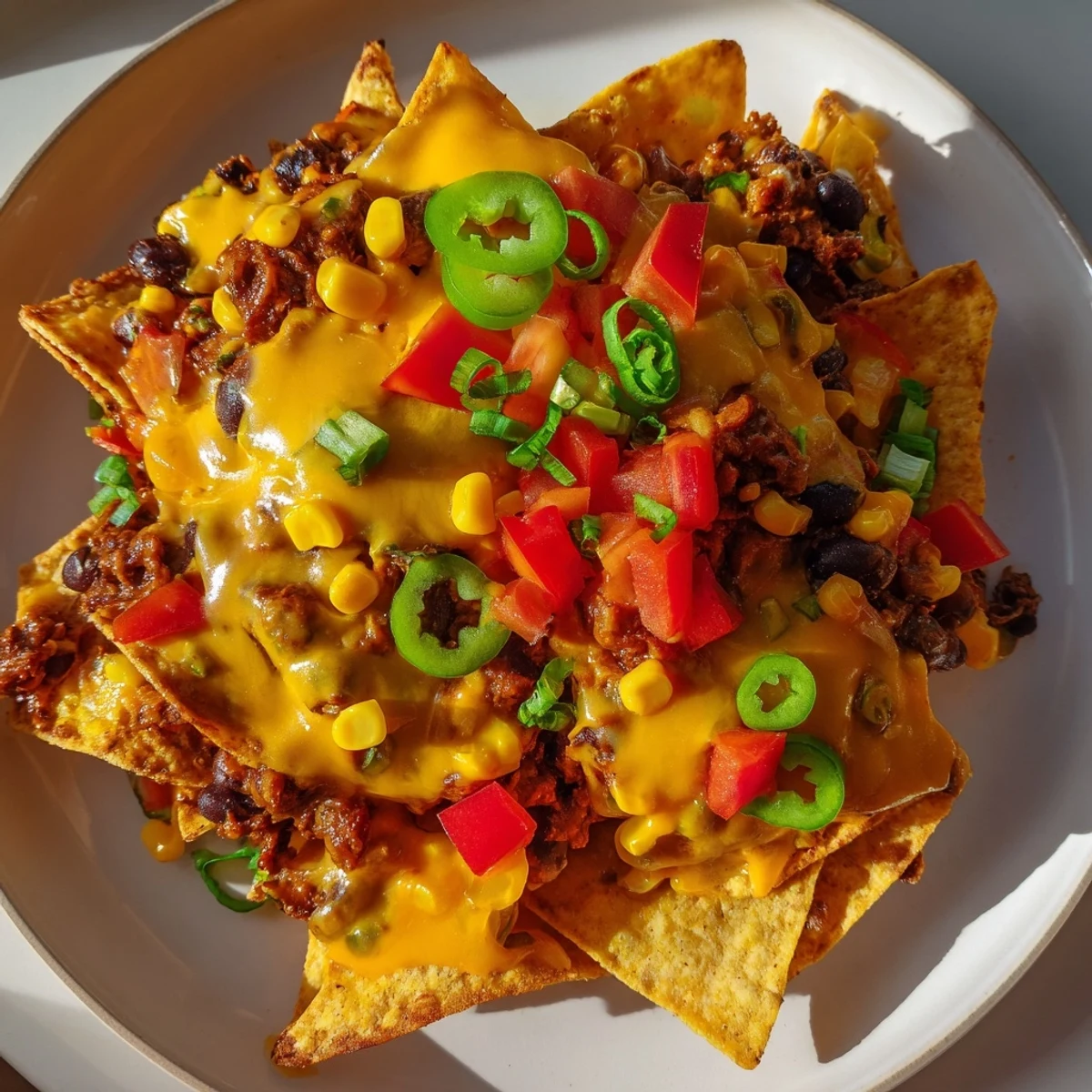 Sheet-pan nachos with bubbly cheddar and colorful veggies, a quick vegetarian recipe for dinner.
