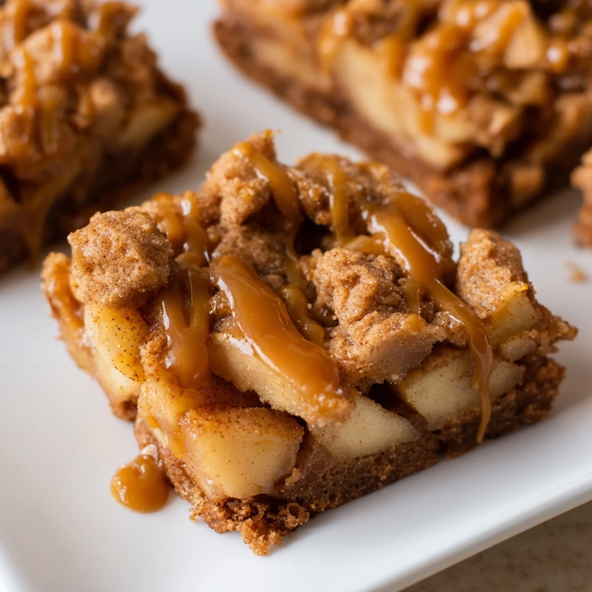 Warm, gooey Caramel Apple Cookie Bars topped with golden crumbs, perfect for a fall treat.