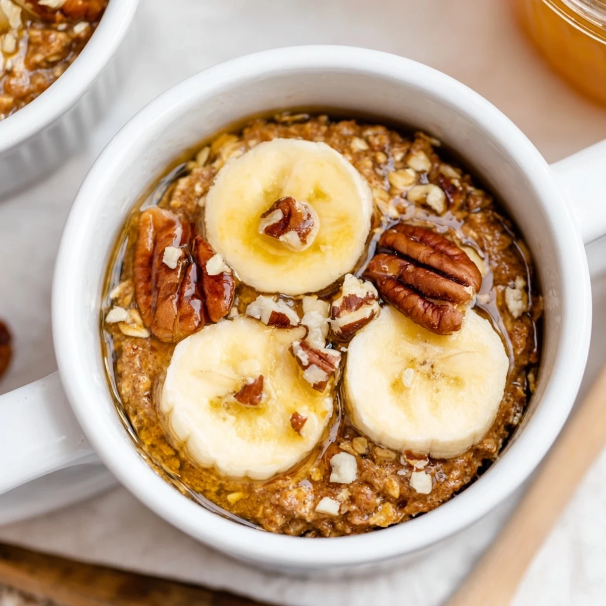 Warm, creamy baked oats ramekins with a hint of cinnamon and baked banana garnish.